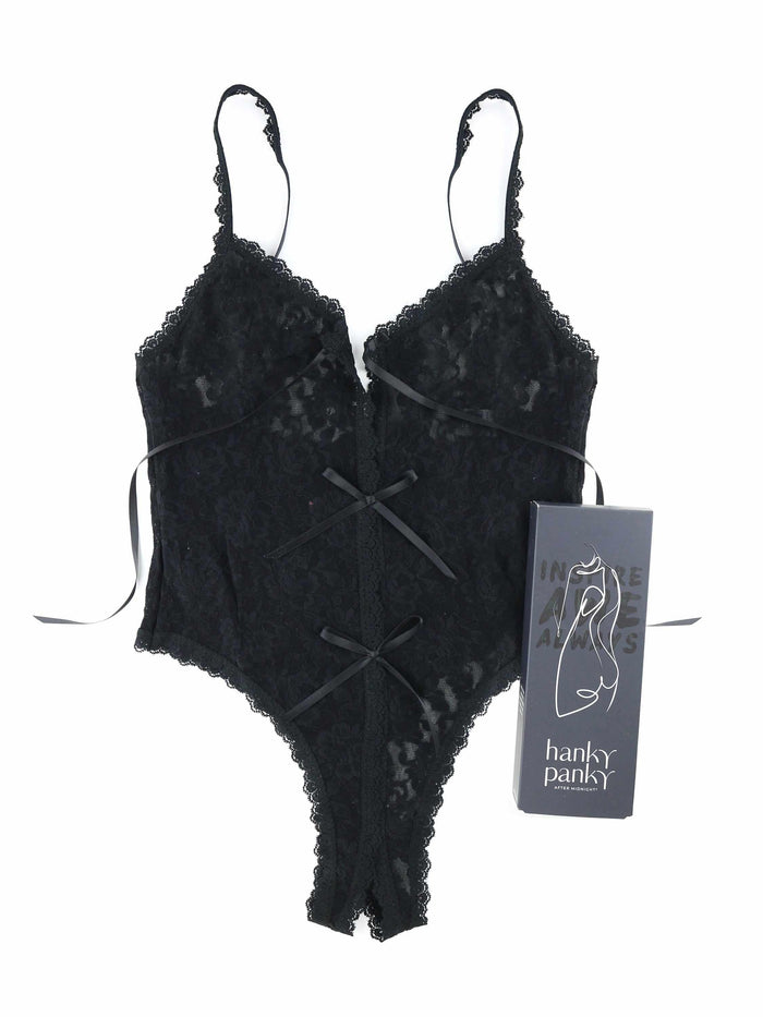 &oh™ Birthday Suit Black Lace Crotchless Teddy - Flat Lay with After Midnight Gift Box | Hanky Panky