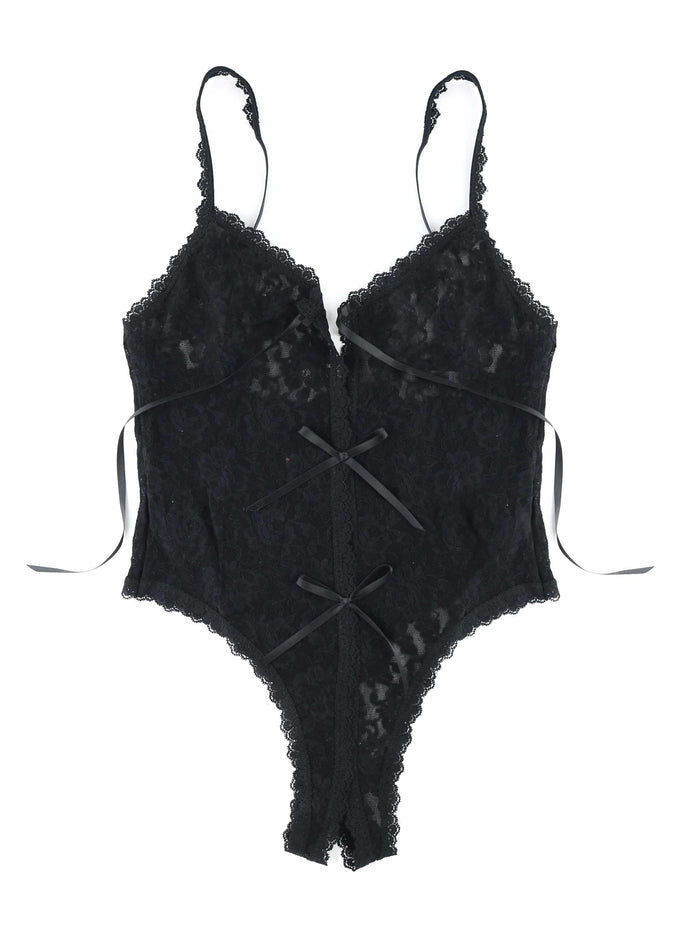 &oh™ Birthday Suit Black Lace Crotchless Teddy - Flat Lay, Satin Ribbon & Bow Detail | Hanky Panky