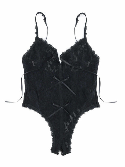 &oh™ Birthday Suit Black Lace Crotchless Teddy - Flat Lay, Satin Ribbon & Bow Detail | Hanky Panky