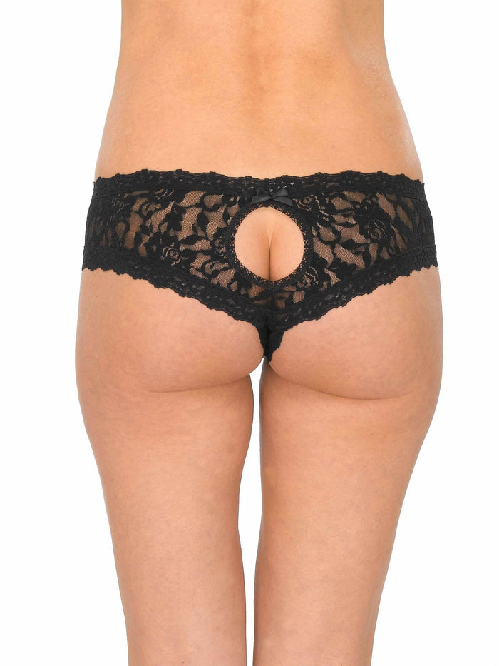 Black Signature Lace Crotchless Cheeky Hipster - Back On-Model View with Open Gusset & Satin Bow | Hanky Panky