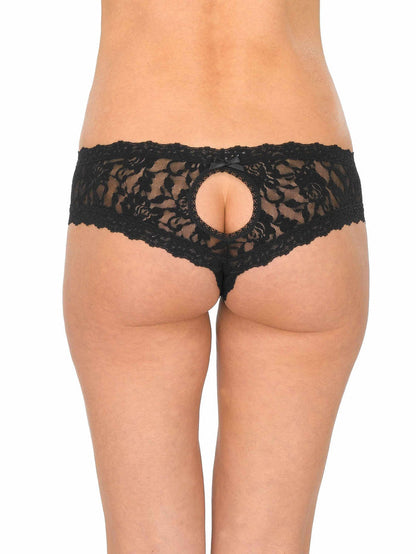 Black Signature Lace Crotchless Cheeky Hipster - Back On-Model View with Open Gusset & Satin Bow | Hanky Panky
