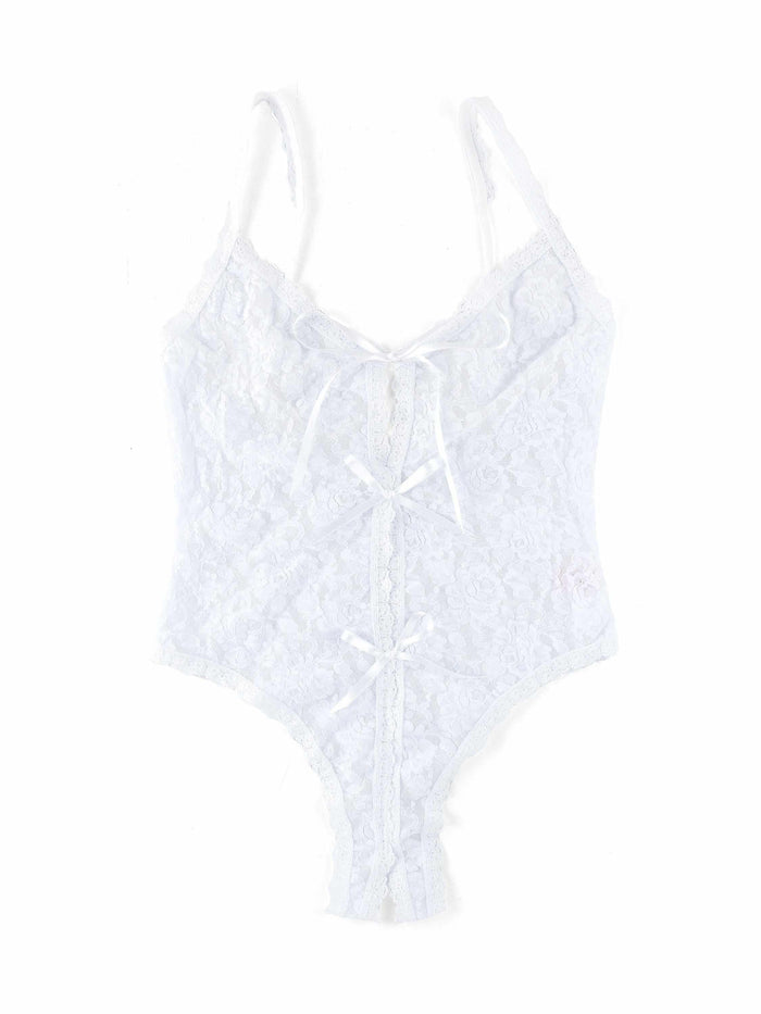 White Signature Lace® Crotchless Teddy flat lay showing open gusset & satin bow details | Hanky Panky