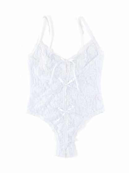 White Signature Lace® Crotchless Teddy flat lay showing open gusset & satin bow details | Hanky Panky