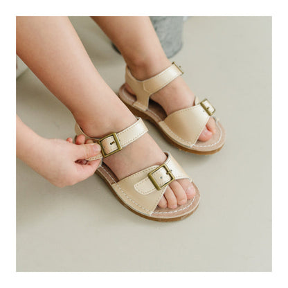 Olivia Champagne Leather Buckle Open Toe Sandal - L'Amour Shoes