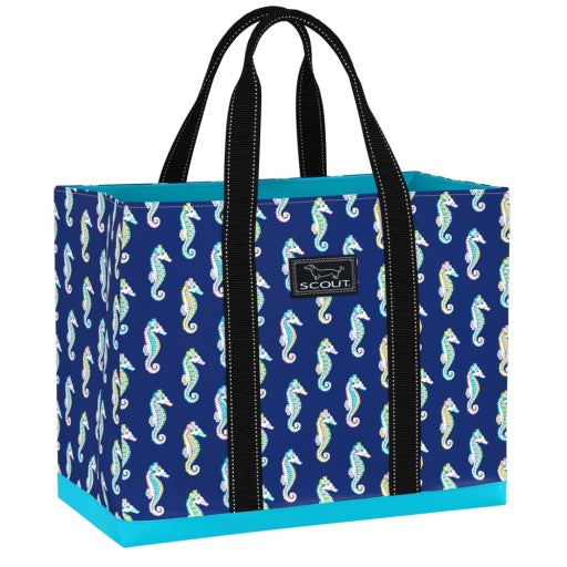 blue seahorse bag with black straps