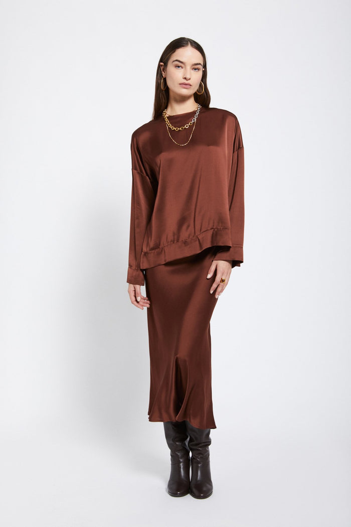 Ottod'ame Gonna Longuette In Raso Marrone Donna