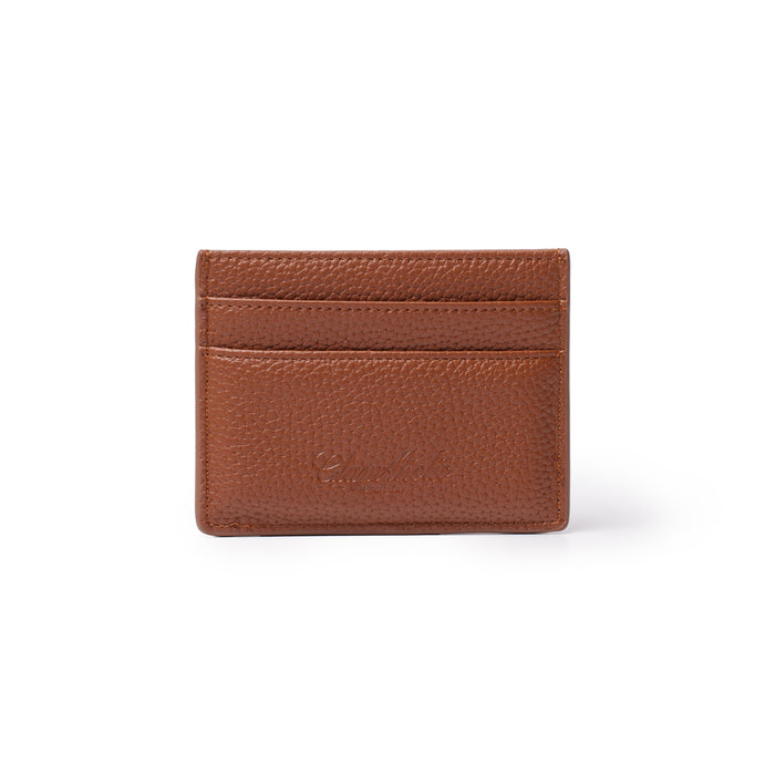 Brown pebble-textured card holder with three card slots and embossed logo on the front.