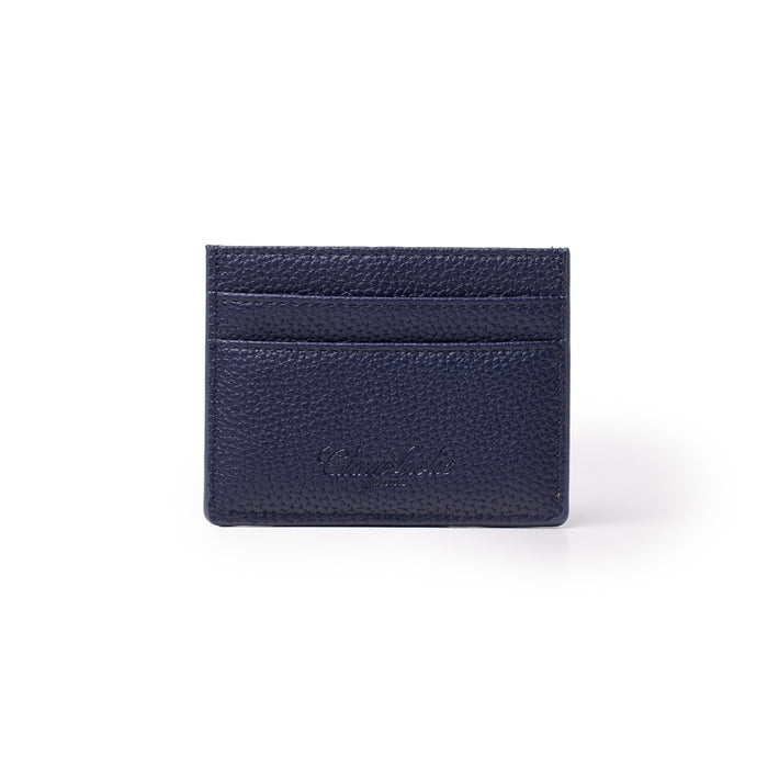 Navy pebble leather card holder with multiple card slots and embossed brand logo on front.