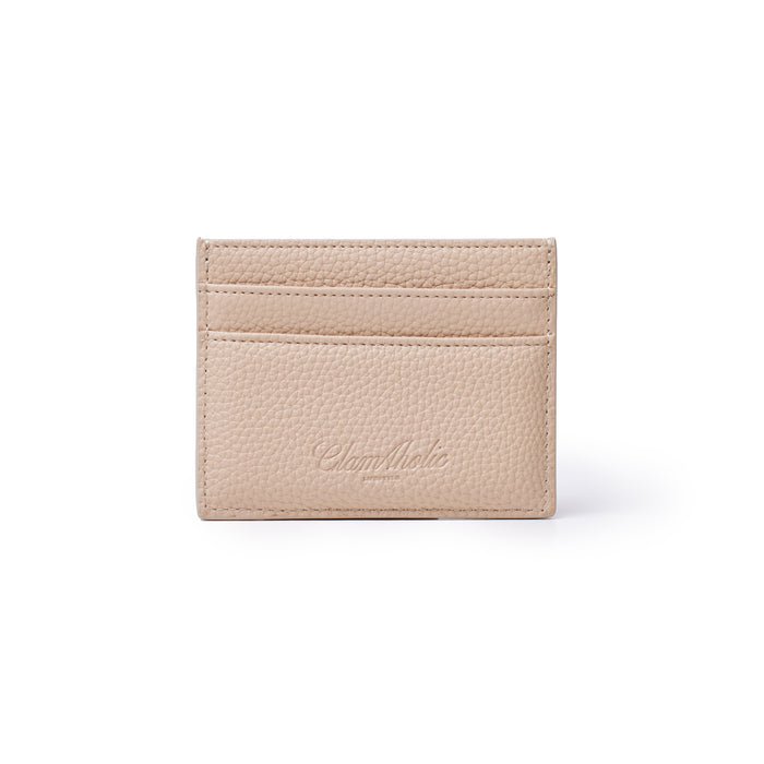 Beige pebble-textured card holder with two card slots and "Chicholic" embossed logo on the front.