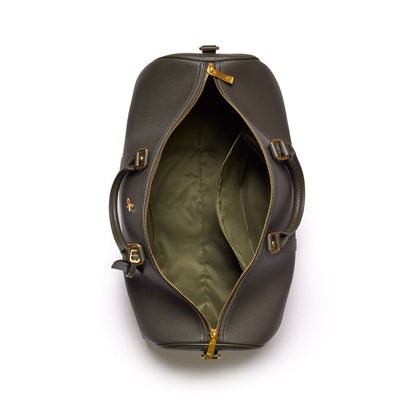 Open olive green Pebble Duffle Bag with gold zipper, showing spacious interior and side pocket, on a white background.