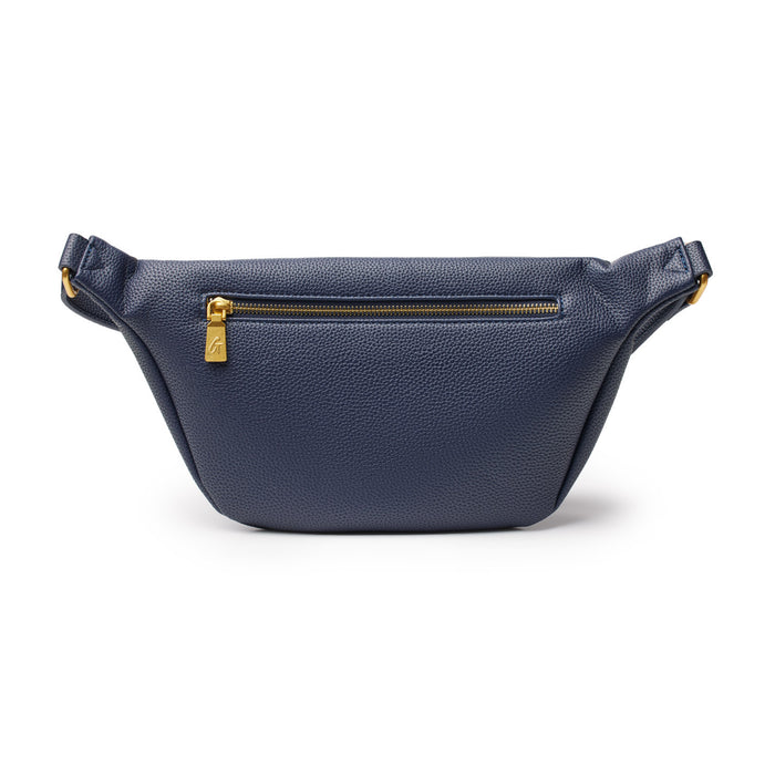 Navy Pebble Fanny Pack with a gold zipper, textured leather finish, and adjustable strap for versatile wear.