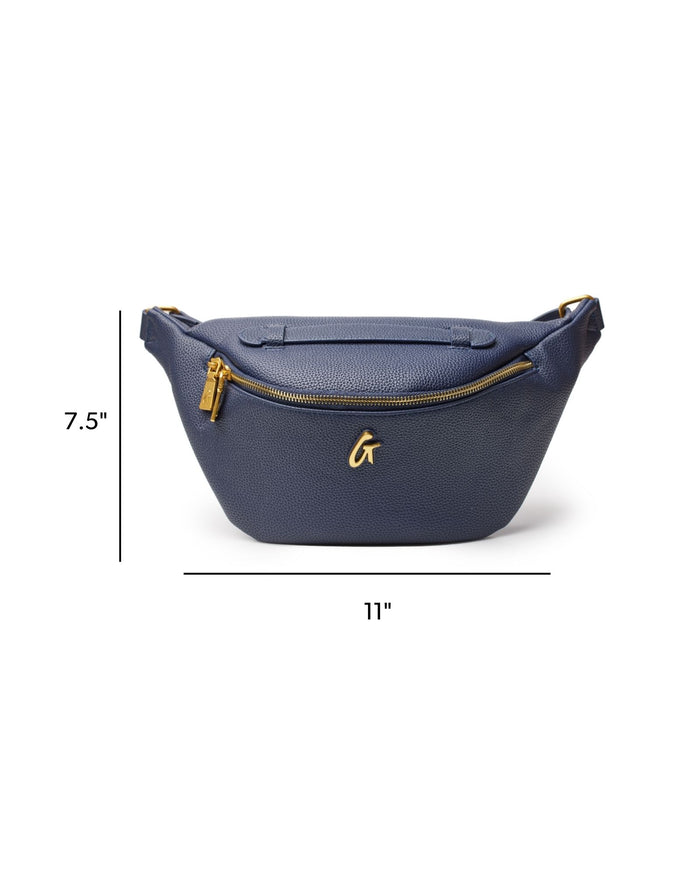 Navy pebble fanny pack with a gold zipper and logo, measuring 11 inches wide and 7.5 inches high.