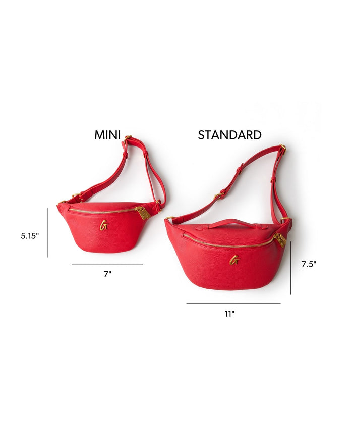 Red pebble fanny pack displayed in mini and standard sizes, showcasing stylish design and adjustable straps.