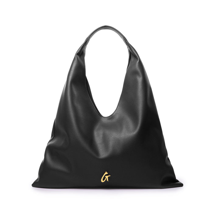 Black pebble hobo shoulder bag with a sleek design and a subtle logo, perfect for stylish, everyday use.