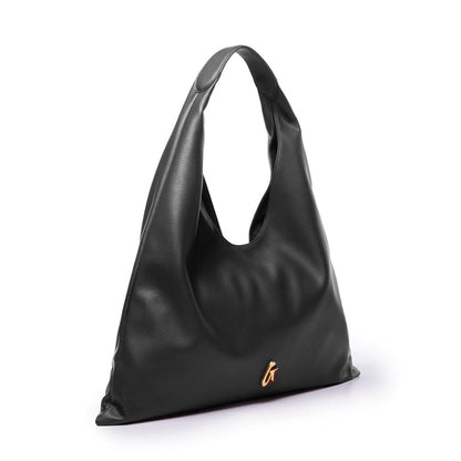 Black pebble hobo shoulder bag with a slouchy design and a stylish logo accent, perfect for everyday use.
