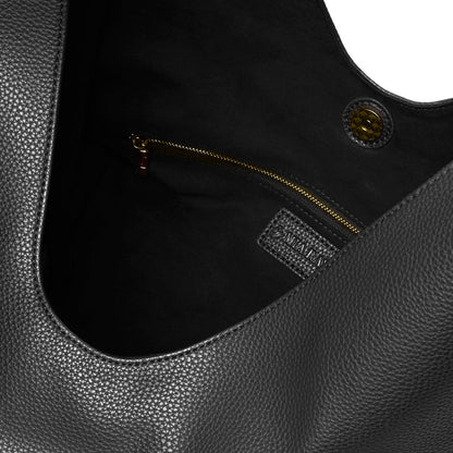 Black pebble hobo shoulder bag with a spacious interior and a zippered pocket for secure storage.