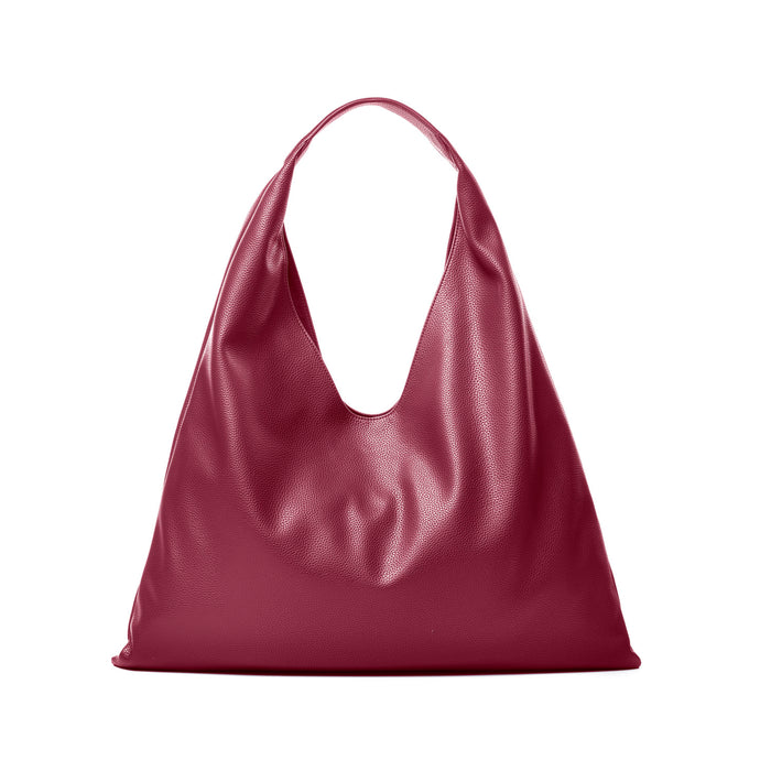 Burgundy pebble hobo shoulder bag with a slouchy design and deep cutout for easy access and stylish carry.