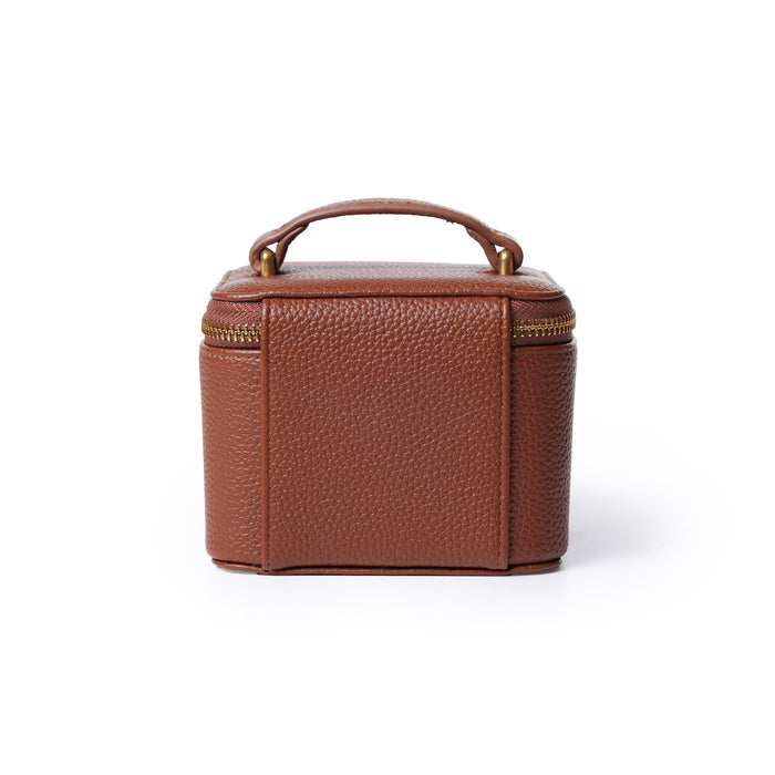 Brown pebble-textured jewelry case with a handle and gold zipper closure, designed for storing jewelry items.