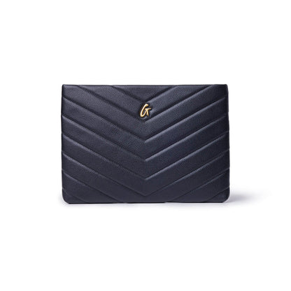 Black pebble laptop sleeve featuring a chevron design and a gold logo, perfect for stylish protection of your device.