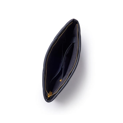 Black pebble laptop sleeve with a sleek design and gold zipper, featuring spacious interior compartments for organization.