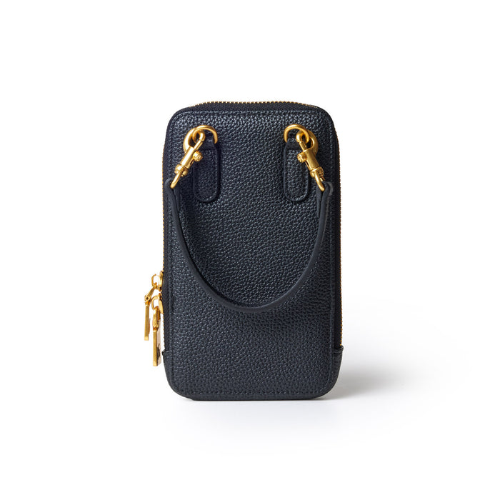 Black Pebble Phone Crossbody bag with gold hardware, zipper closure, and a small handle strap.