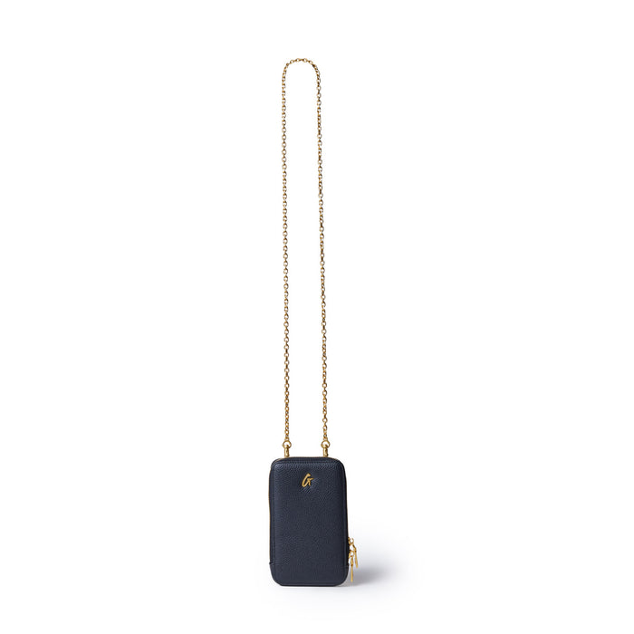 Black Pebble Phone Crossbody bag with a gold chain strap and small gold logo, compact and stylish for carrying essentials.