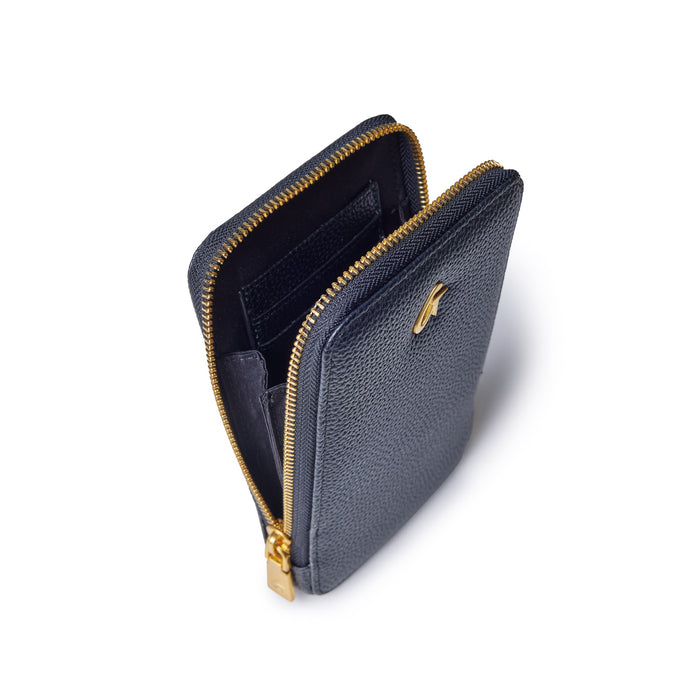 Black Pebble Phone Crossbody bag with gold zipper and logo, open to show interior compartments and card slots.