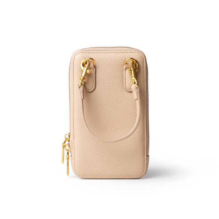 Peach-colored Pebble Phone Crossbody bag with gold hardware, featuring a textured leather finish and a detachable strap.