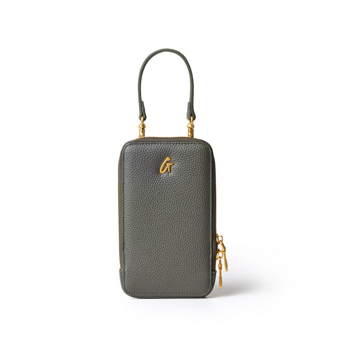 Olive green Pebble Phone Crossbody bag with gold accents, a textured leather surface, and a top handle.