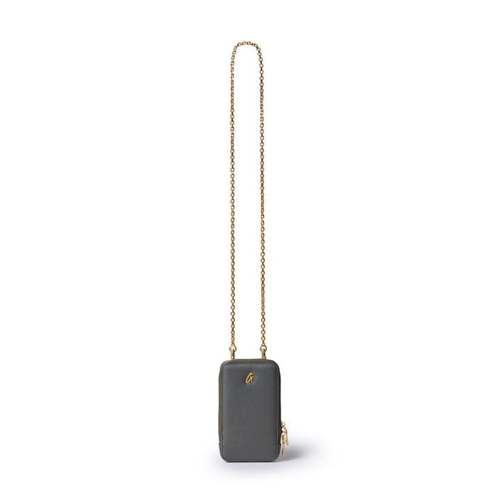 Olive green pebble phone crossbody bag with a gold chain strap and small gold logo, designed for carrying a phone and essentials.