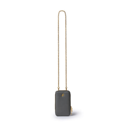 Olive green pebble phone crossbody bag with a gold chain strap and small gold logo, designed for carrying a phone and essentials.