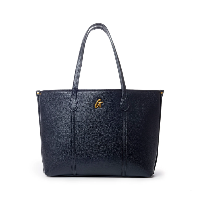 Black Pebble Sleek Tote with a textured finish and gold logo, perfect for stylish everyday use.