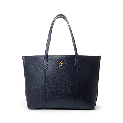 Black Pebble Sleek Tote with a textured finish and gold logo, perfect for stylish everyday use.