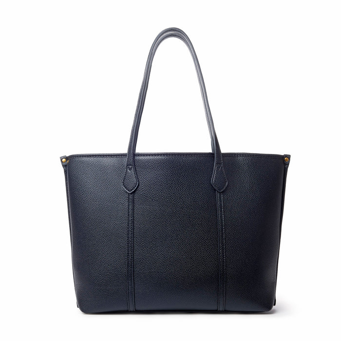 Sleek black pebble tote bag with dual handles and a spacious interior for stylish everyday use.