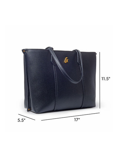 Black Pebble Sleek Tote featuring a textured finish, gold logo, and spacious interior for stylish everyday use.