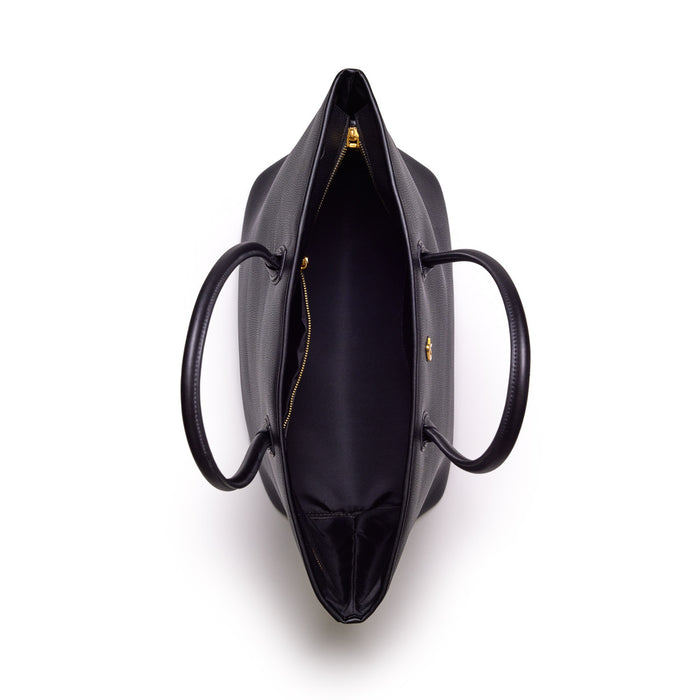 Black pebble tote bag with dual handles, gold zipper closure, and spacious interior on a white background.
