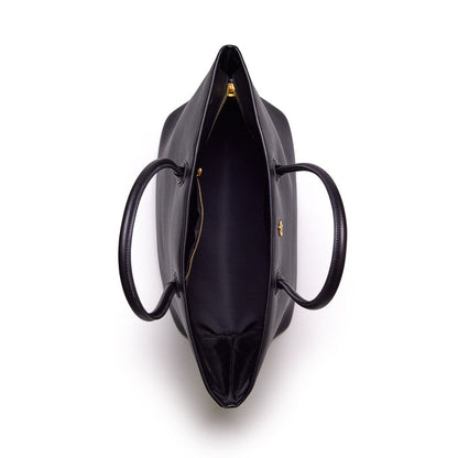 Black pebble tote bag with dual handles, gold zipper closure, and spacious interior on a white background.