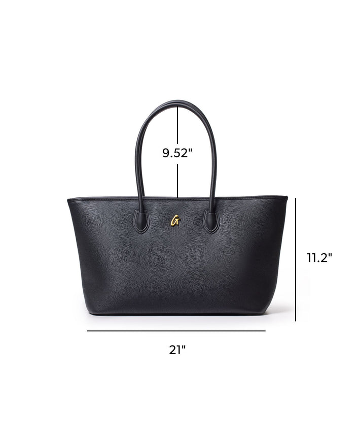 Black pebble tote bag with a spacious design, featuring dual handles and a gold logo accent. Ideal for everyday use.