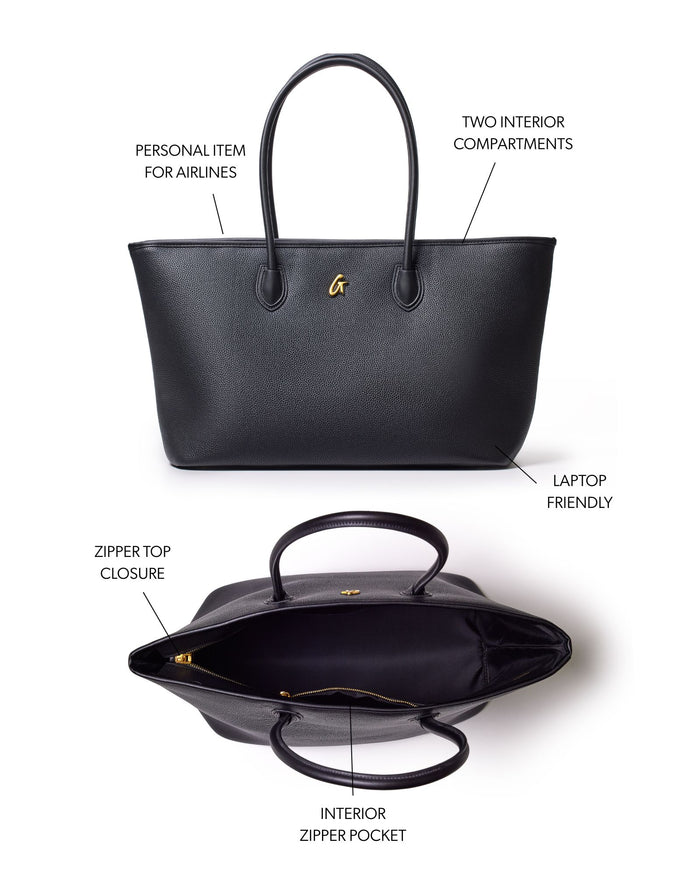 Black pebble tote bag featuring two interior compartments, a laptop-friendly design, and a zipper top closure.