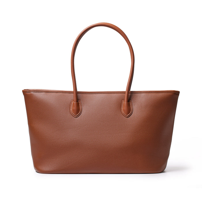 Brown pebble tote bag with dual handles, textured leather surface, spacious design, and minimalistic style.