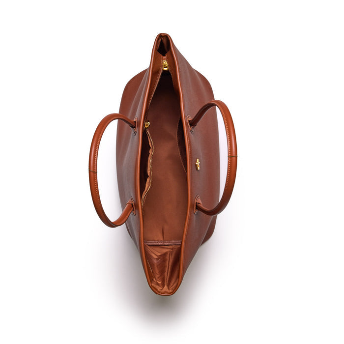 Brown pebble tote bag with dual handles, zip closure, and spacious interior, ideal for everyday use.
