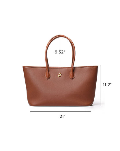 Brown pebble tote bag with gold logo, featuring spacious interior and sturdy handles, ideal for everyday use.