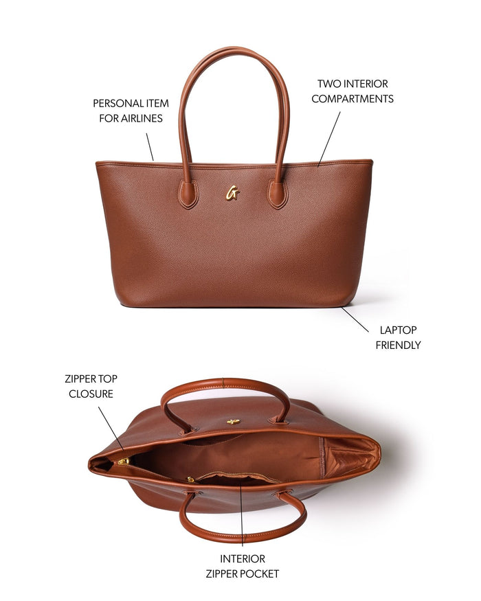 Brown pebble tote bag with two interior compartments, zipper top closure, and a laptop-friendly design.