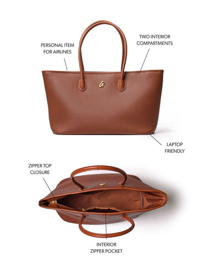 Brown pebble tote bag with two interior compartments, zipper top closure, and a laptop-friendly design.