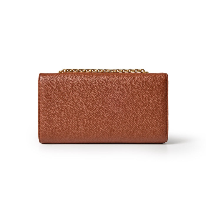 Brown Pebble Travel Wallet with a gold chain handle, featuring textured leather and a sleek rectangular design.