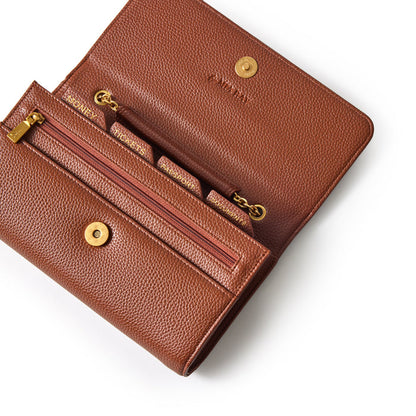 Brown Pebble Travel Wallet with multiple compartments, gold hardware, and textured leather design.