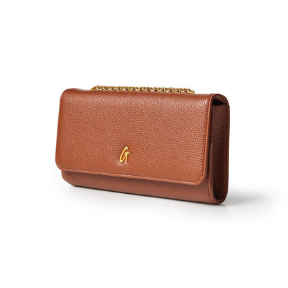 Brown Pebble Travel Wallet on Chain with gold logo and chain strap, designed for travel and organization.