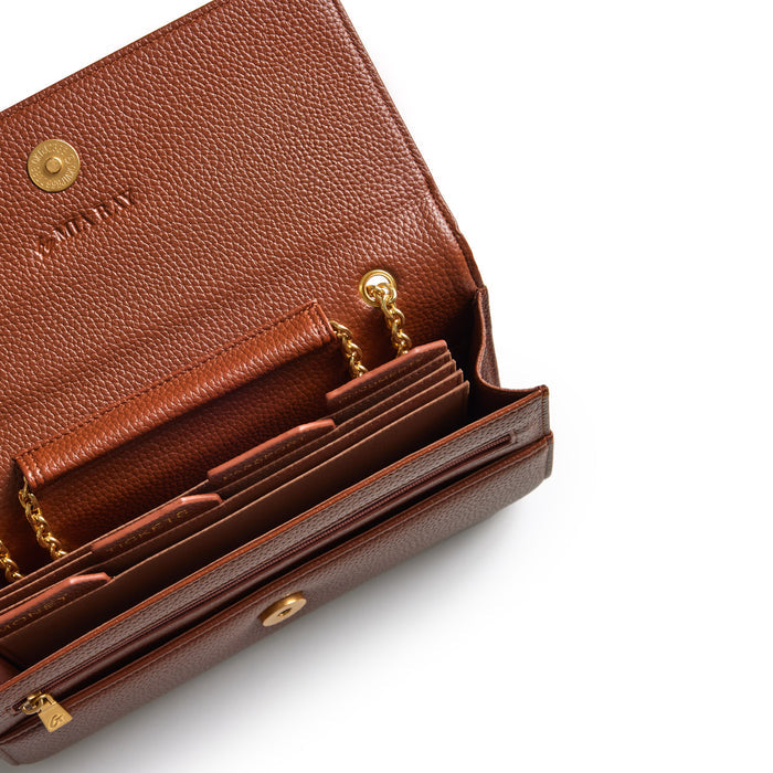 Brown Pebble Travel Wallet on Chain (WOC) with multiple card slots, gold chain detail, and textured leather finish.
