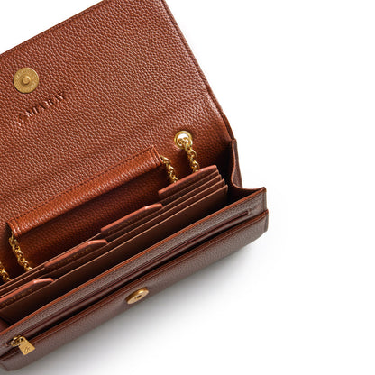 Brown Pebble Travel Wallet on Chain (WOC) with multiple card slots, gold chain detail, and textured leather finish.