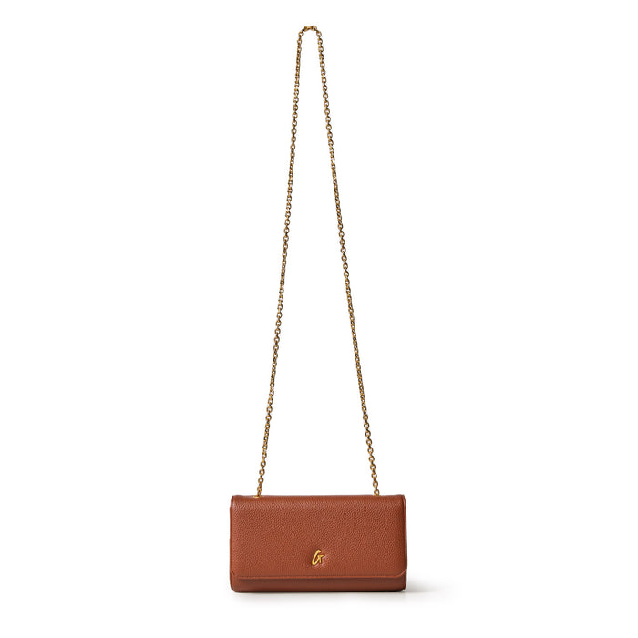 Brown Pebble Travel Wallet on a gold chain, designed for travel and organization, with a textured finish and gold logo detail.